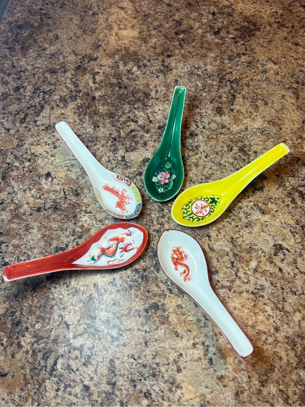 Porcelain Asian-Style Soup Spoons - Assorted Red, Green, Yellow, White